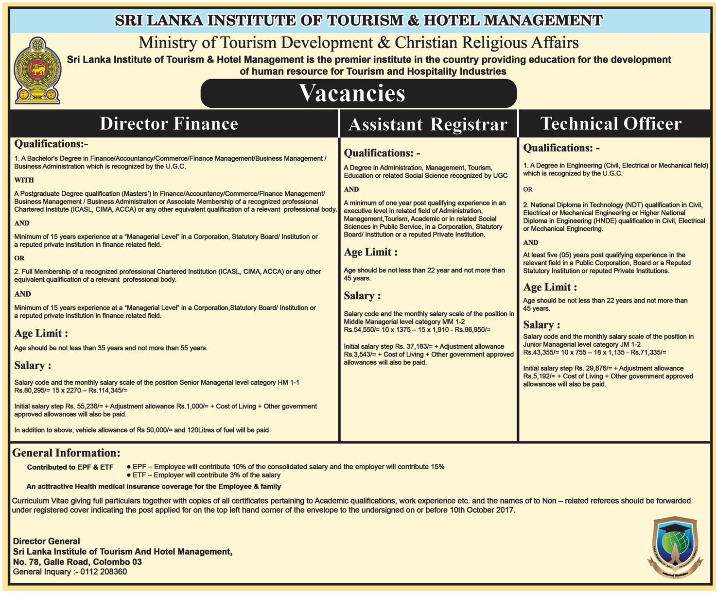 Director (Finance), Assistant Registrar, Technical Officer - Sri Lanka Institute of Tourism & Hotel Management